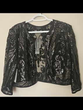 Le Château Black Sequin Sheer Open Jacket Medium Size